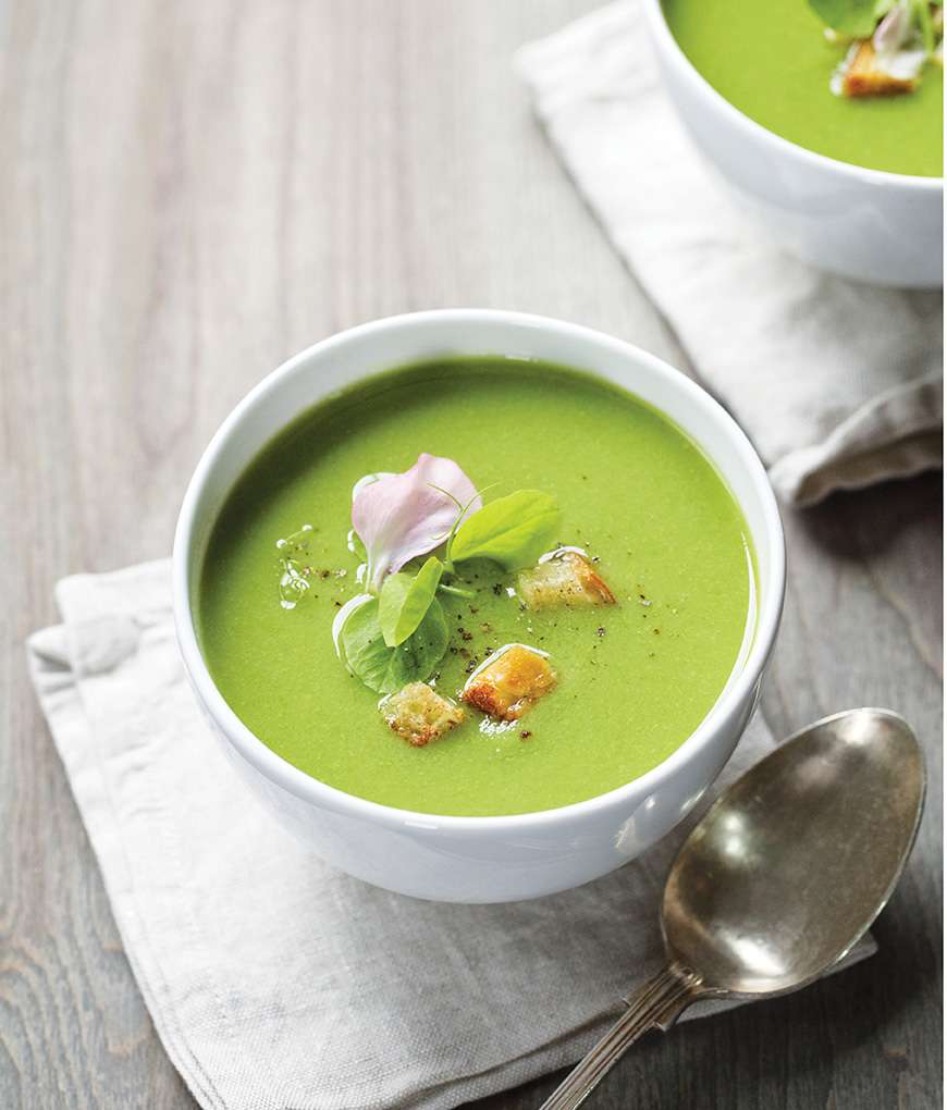 sous vide green pea soup with croutons