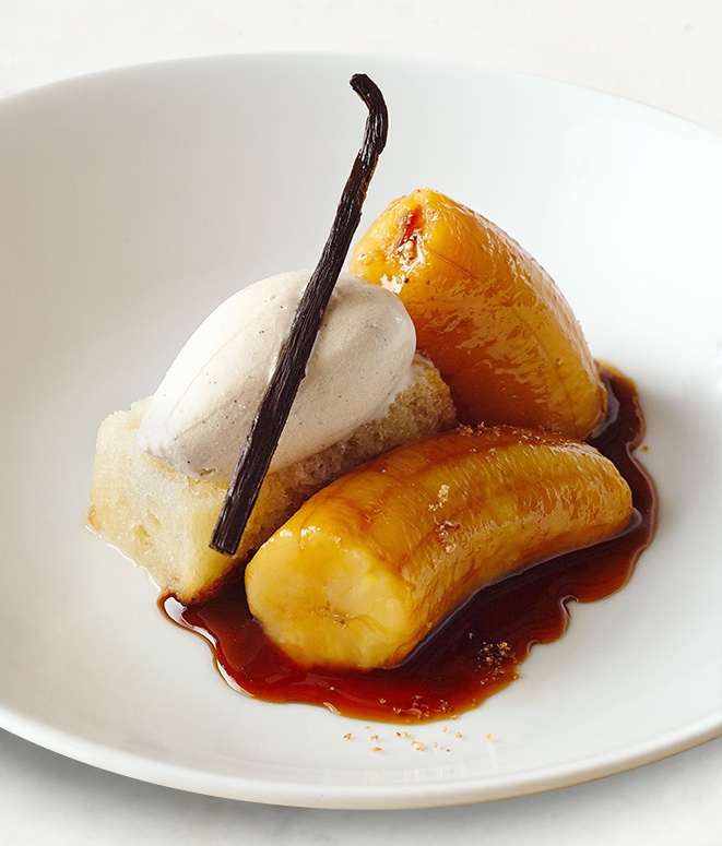 Flambed bananas with rum-caramel sauce.