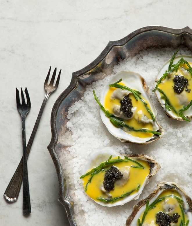 Sous Vide Oysters with with Caviar, Sea Beans, and Sabayon SousVide